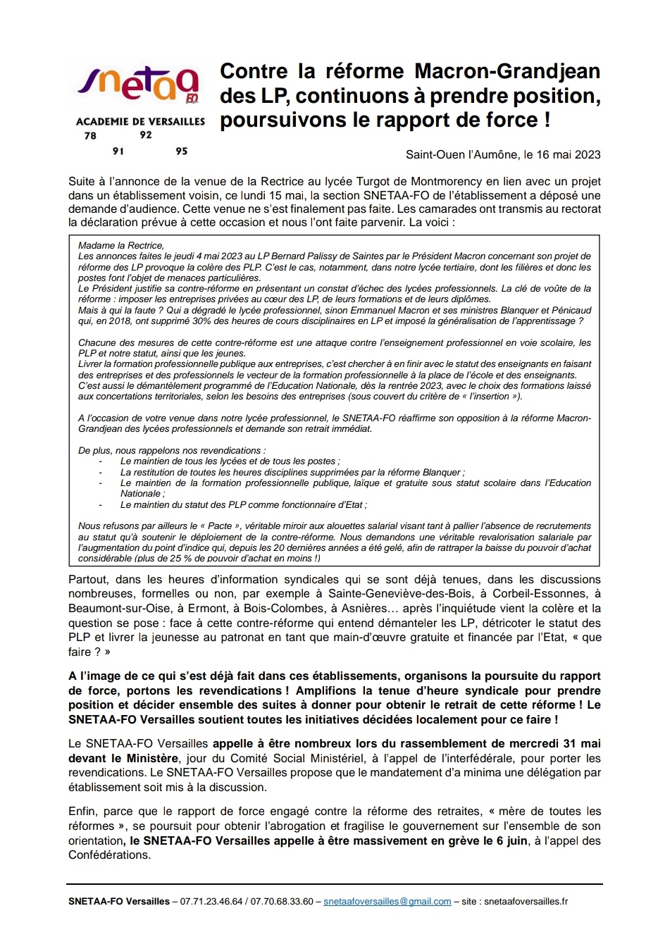 Communiqué SNETAA-FO Versailles du 16 mai 2023