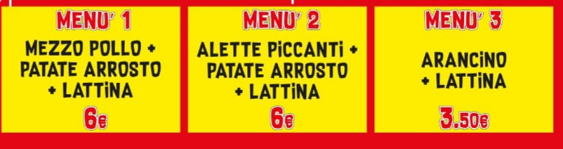 Menù  che potete consumare sia da noi che asporto