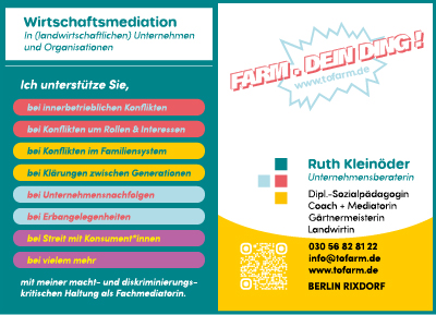 Flyer im Farm Dein Ding Design zum Thema Wirtschaftsmediation mit Unterstützungsoptionen