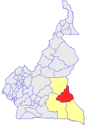 Le Département de la Kadey (en rouge) et les autres départements de la région de l'Est (en jaune) sur la carte administrative du Cameroun