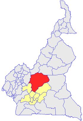 Le Département du Mbam et Kim (en rouge) et les autres départements de la région du Centre (en jaune) sur la carte administrative du Cameroun