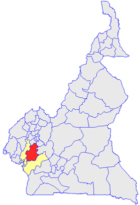 Le Département du Nkam (en rouge) et les autres départements de la région du Littoral (en jaune) sur la carte administrative du Cameroun