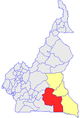 Le Département du Haut-Nyong  (en rouge) et les autres départements de la région de l'Est (en jaune) sur la carte administrative du Cameroun