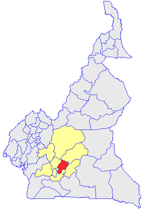 Le Département de la Mefou et Afamba (en rouge) et les autres départements de la région du Centre (en jaune) sur la carte administrative du Cameroun