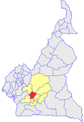 Le Département de la Lékié (en rouge) et les autres départements de la région du Centre (en jaune) sur la carte administrative du Cameroun