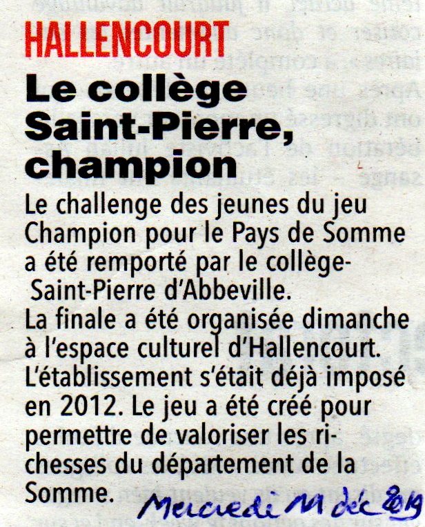 Finale d'Hallencourt - Article du Courrier Picard page régionale - 11 décembre 2019