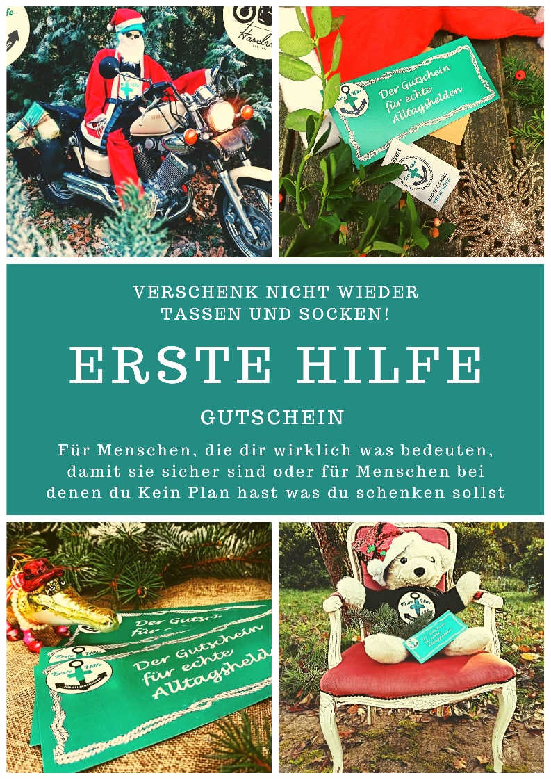Knaller: hole dir den Gutschein für einen "Erste Hilfe am Kind" oder einen "Erste Hilfe für Motorradfahrer" Workshop! Die Kurse von Rettungssanitäterin und Erste Hilfe Trainerin Colle Bysäth, sind ein ganz besonderes Event und nicht nur schnödes zeitabsitzen.  Verschenke das Wertvollste: Zeit - und geht zusammen auf ein Event .