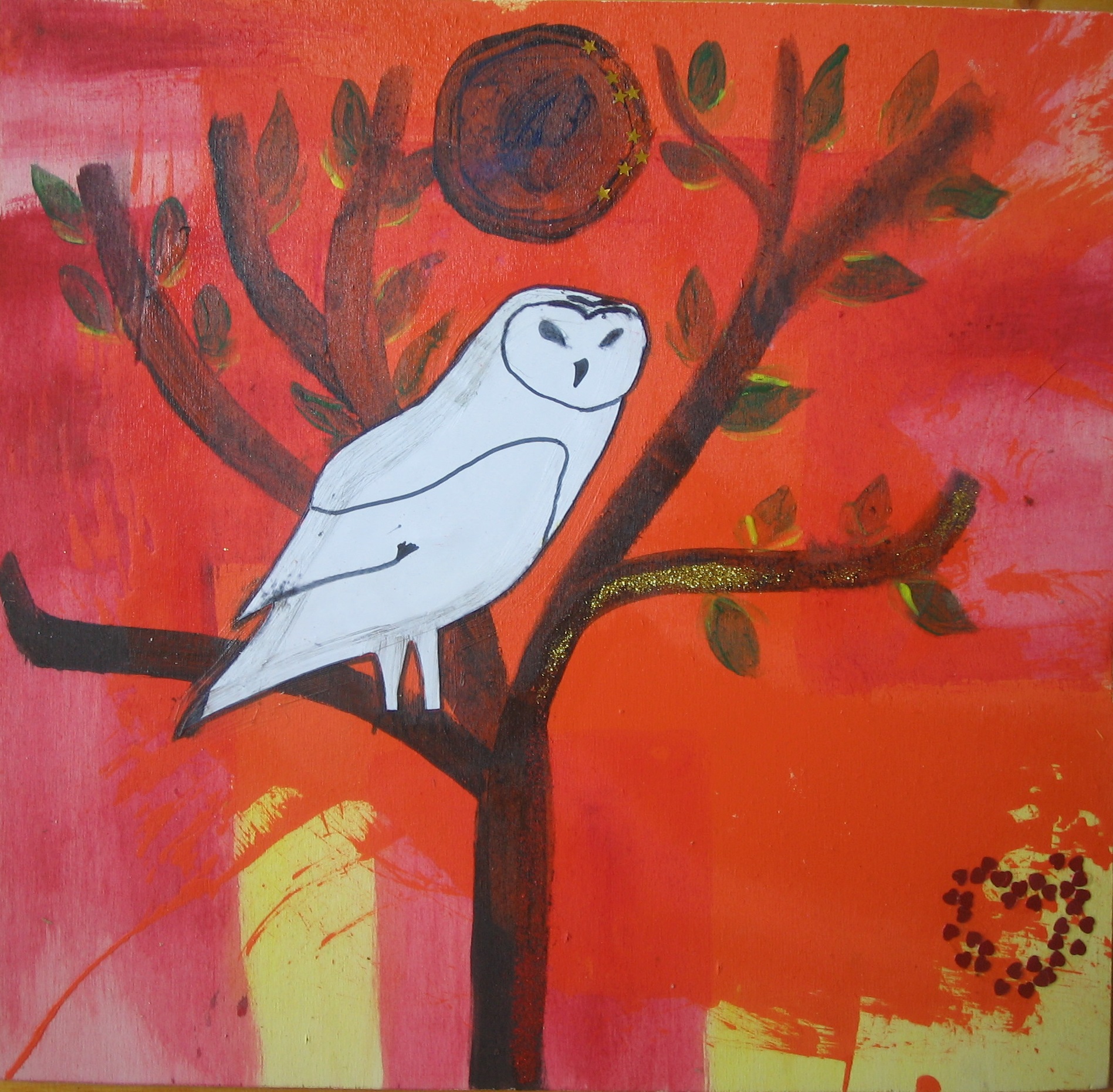 Midsummer owl (Collage auf Holz)