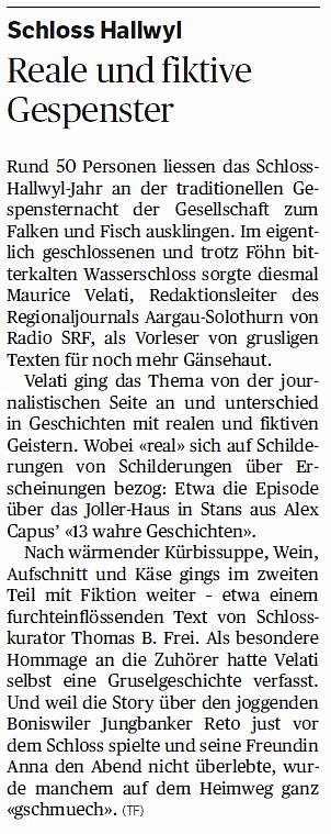 Ein aussergewöhnliches Engagement: An der Gespensternacht im Schloss Hallwyl wurde der Journalist für einmal zum fiktiven Autor (Aargauer Zeitung)