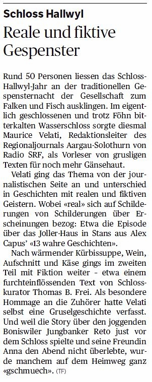 Ein aussergewöhnliches Engagement: An der Gespensternacht im Schloss Hallwyl wurde der Journalist für einmal zum fiktiven Autor (Aargauer Zeitung)