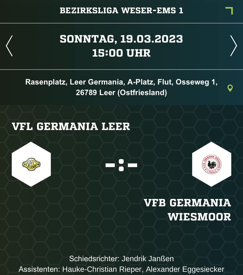 VfB Germania Wiesmoor am Sonntag zu Gast in Leer VfL Germania Leer