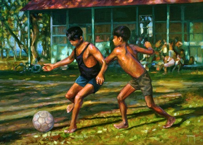 N°560 - Partie de foot devant l'école - 50 x 70 - Huile sur toile