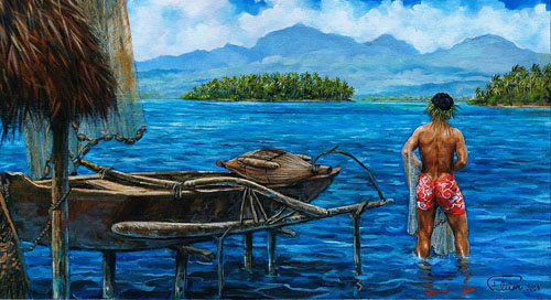 N°2 PECHEUR AU FILET A LA PRESQU'ILE 38X67 HUILE SUR TOILE 2023  VENDU