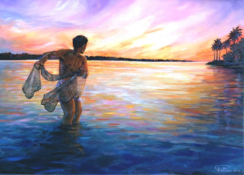 N°6 PECHE A L'EPERVIER AU COUCHANT 51X72 HUILE SUR TOILE 2023  VENDU