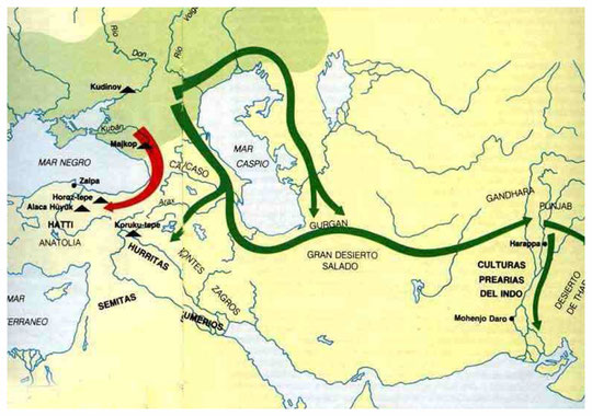 Rutas que siguieron las invasores indoeuropeos en sus incursiones en el continente asiático