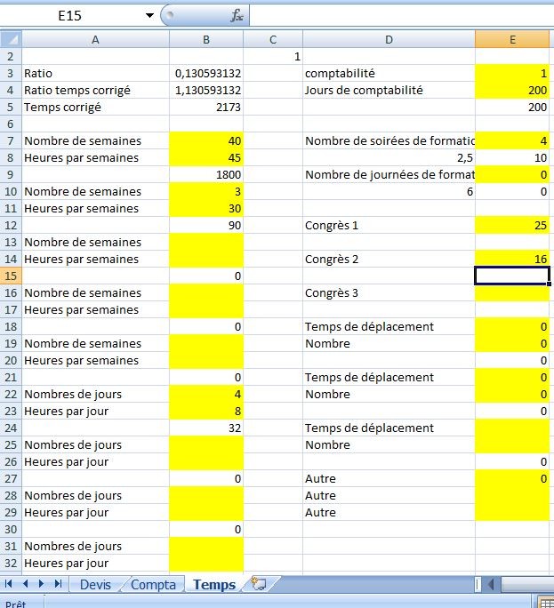 La feuille Temps calcule votre temps de travail, au fauteuil et hors fauteuil.