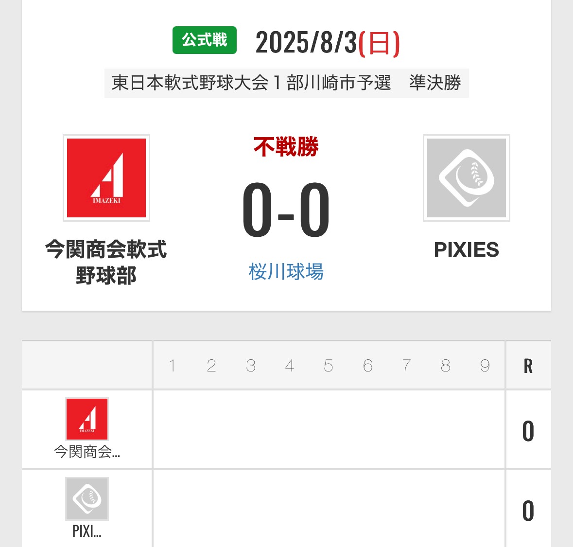 東日本軟式野球大会１部川崎市予選　準決勝　PIXIES様失格のため不戦勝