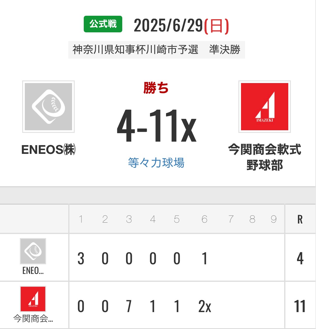神奈川県知事杯川崎市予選準決勝　ENEOS㈱様