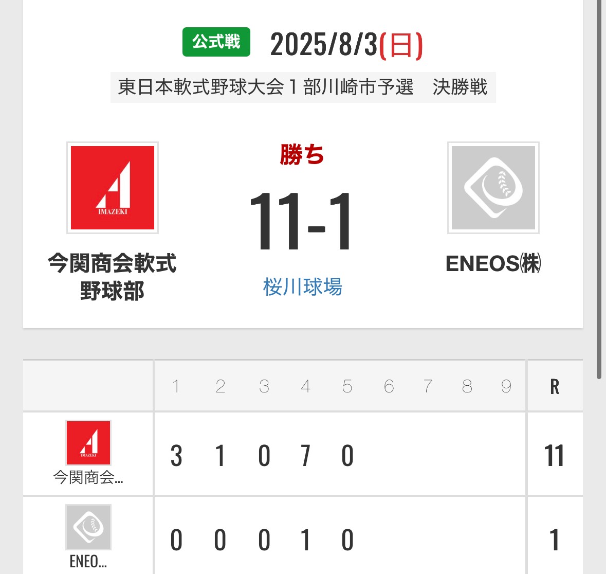 東日本軟式野球大会１部川崎市予選　決勝戦　ENEOS㈱様