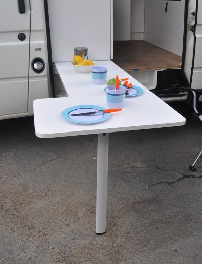 attachable outside table with collapsable leg, easy to store away