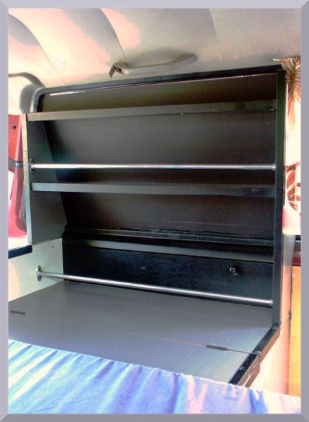 side shelf next to bed in Nissan Nomad, can be also realized in any small or medium van