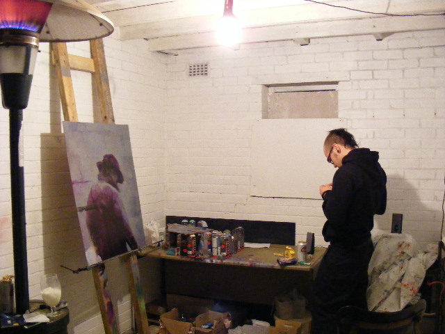 In my studio in England while working on 'OLD MAN WITH HAT', 2008