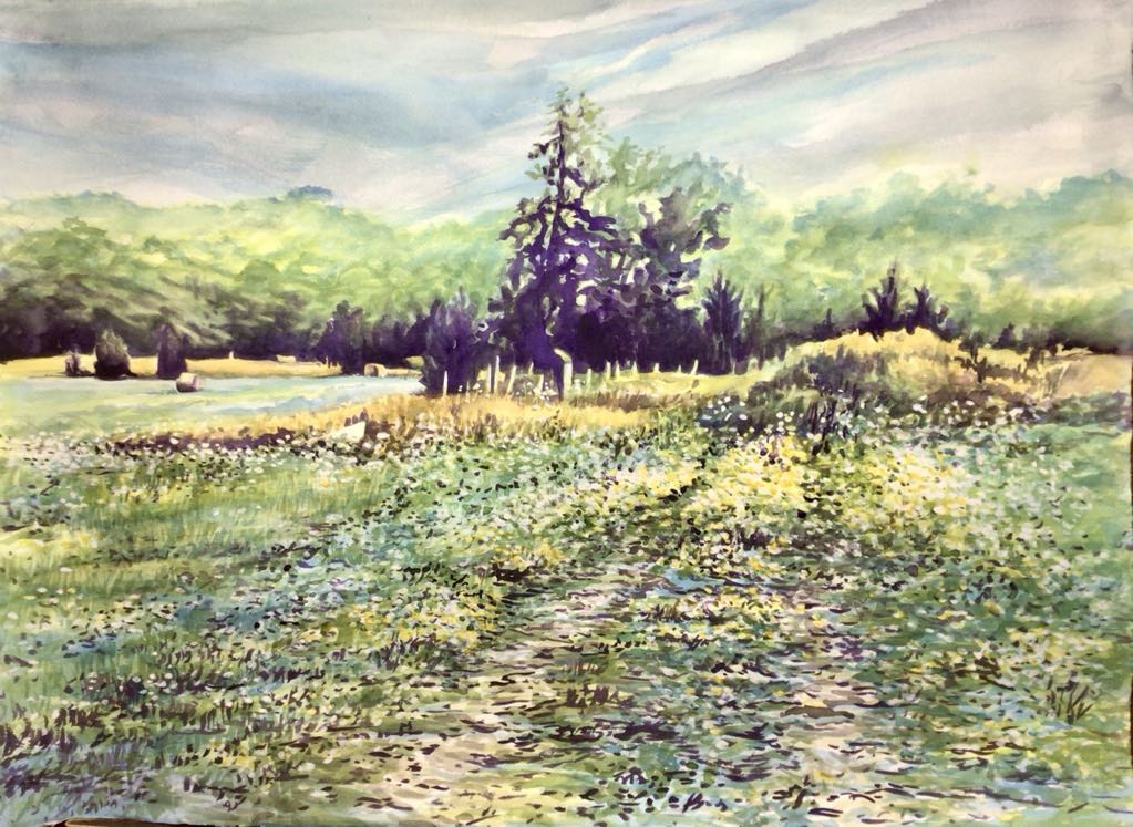 JUST DOWN THE ROAD 22 x 30 waxed watercolour on birch by Christie Pearson Anderson            A