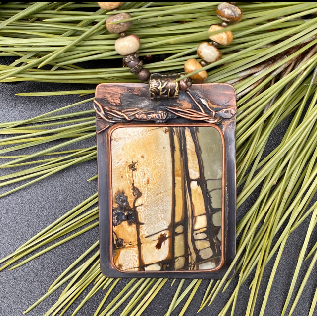 JACK PINE 26” necklace cherry creek jasper, copper by Vicki Jasperse 