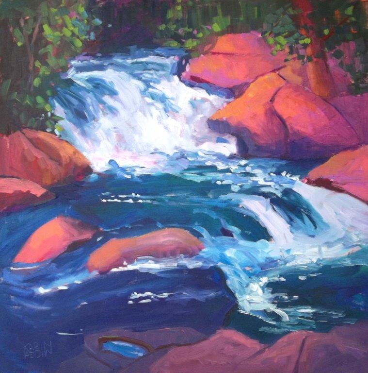 AT THE WATERFALL  24 x 24 oil on cradled board 