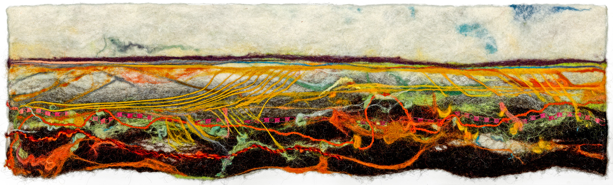 QUILTED LANDSCAPE-Railroad Tracks 9 x 32 Wet needle felting by Brigitte Bere