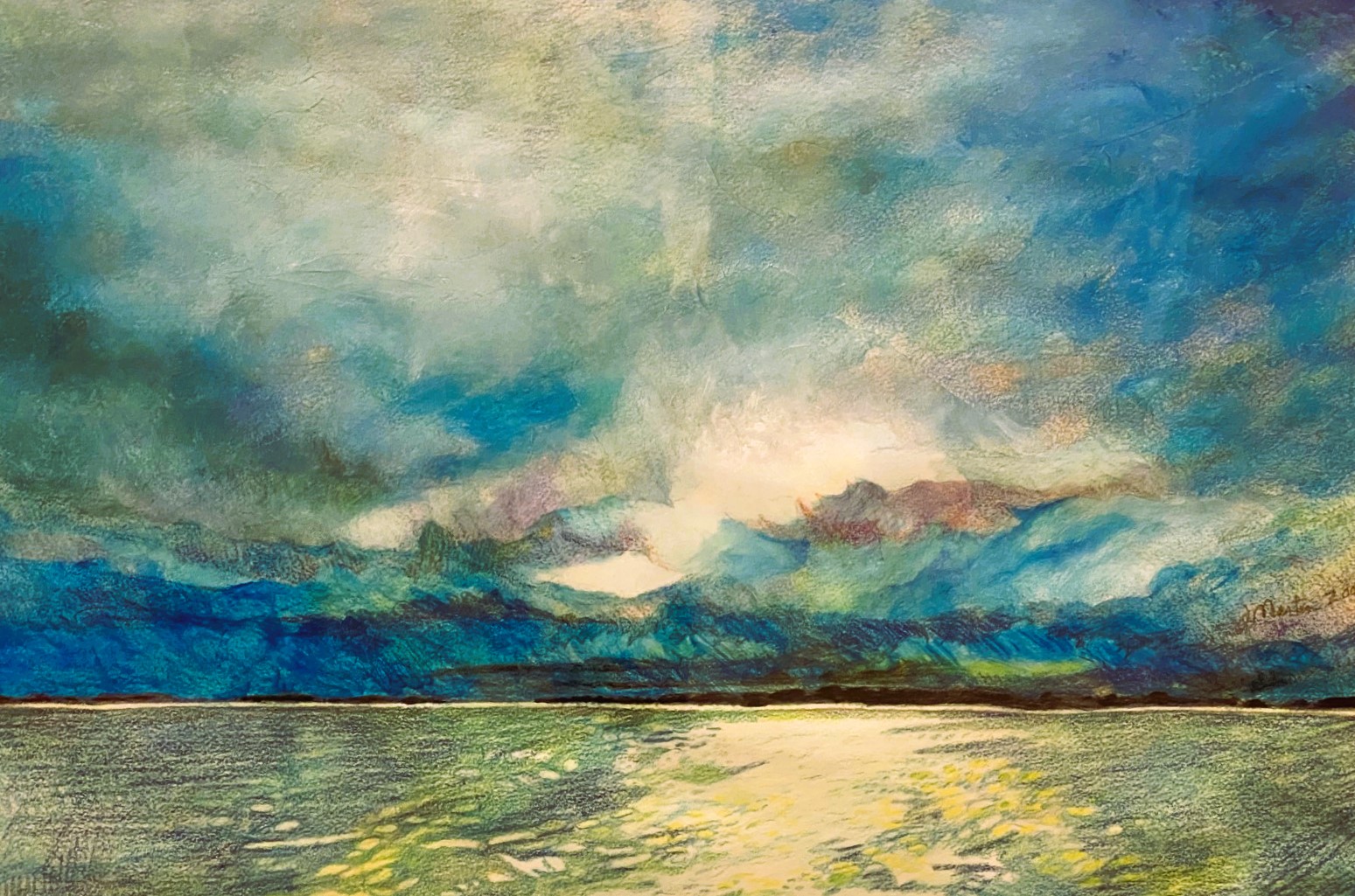 PUSHING AWAY FROM THE BLINDING BRILLIANCE 15.5 x 23 framed 23 x 29 pencil and acrylic by Judy Martin