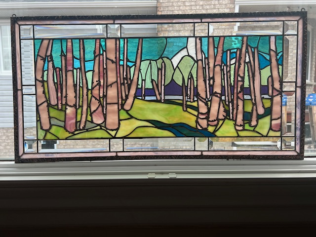 PINK BIRCHES TOM THOMSON 16 x 32 stained glass by Jane Webber