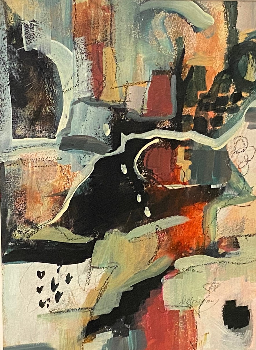 POSTPONED DECISIONS  14.5 x 10.5 framed 21 x 17 mixed media by Donna Montgomery 