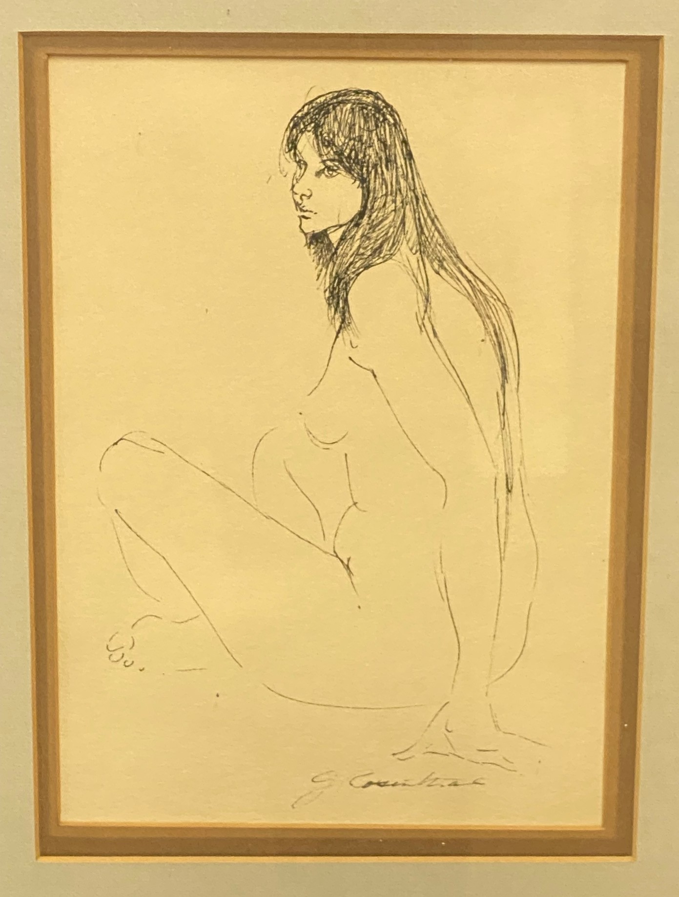 SEATED NUDE 11 x 8 framed 18 x 14 ink by Joe Rosenthal 