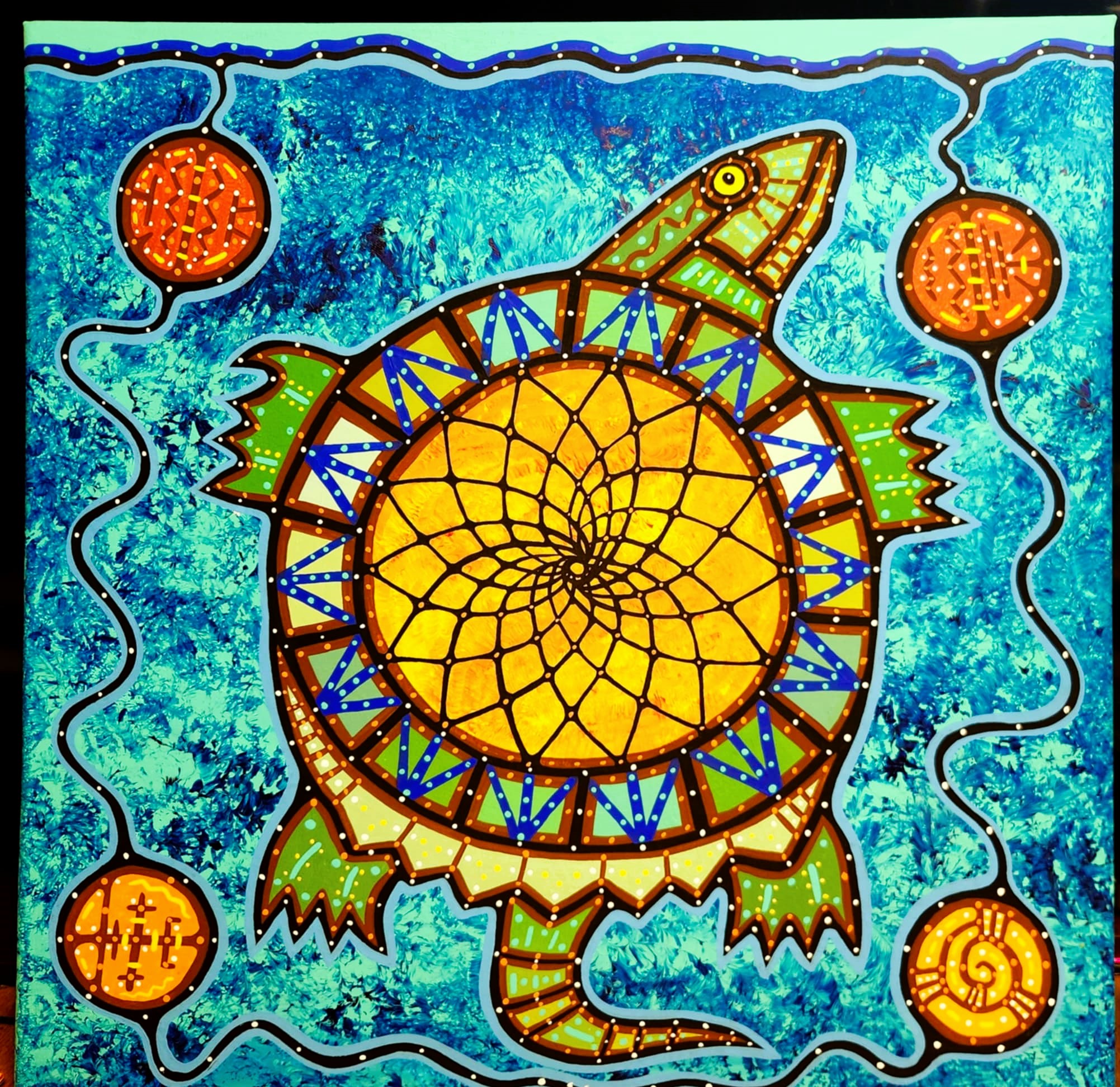 DREAMCATCHER TURLE IN FLIGHT 24 x 24 acrylic 