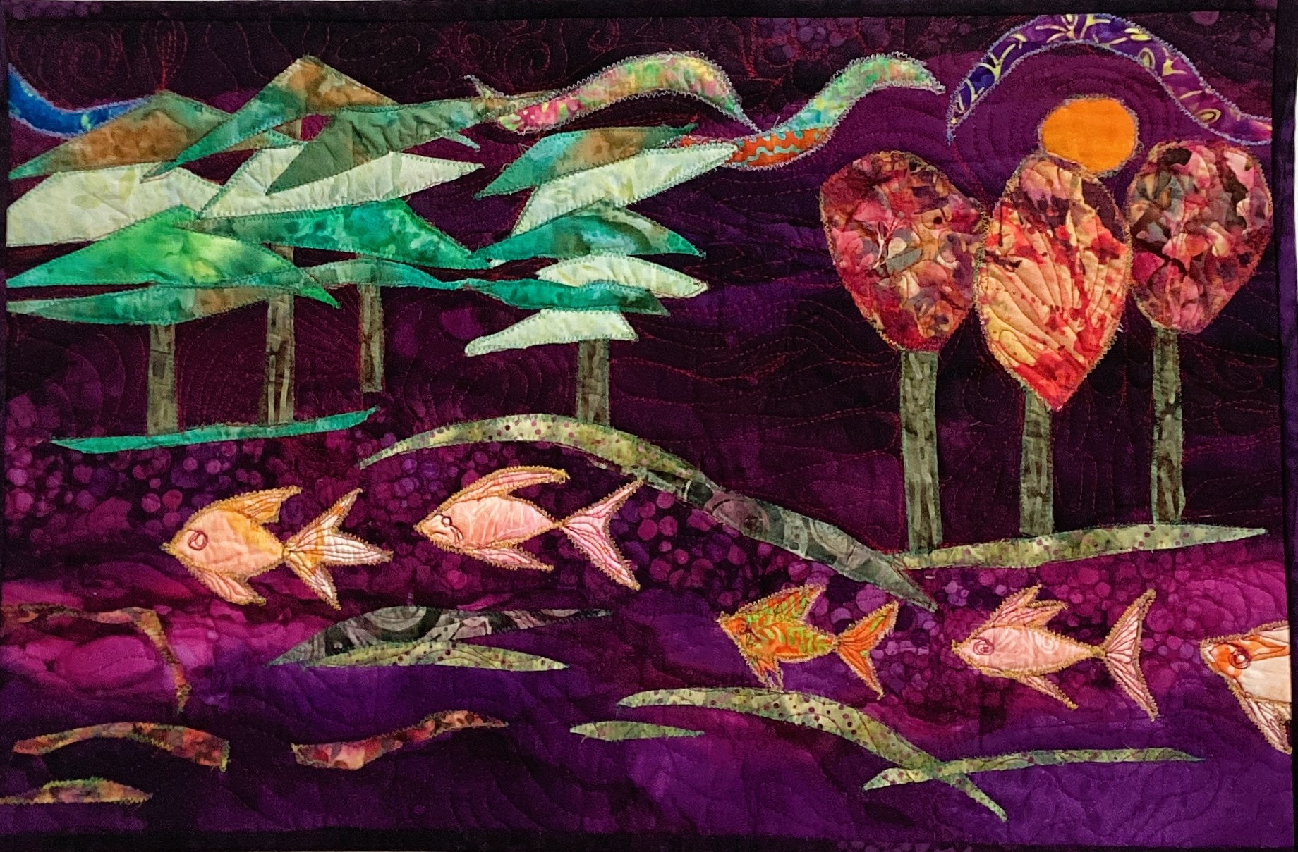 THE MIDNIGHT SALMON RUN TO BRIDAL VEIL FALLS 16 x 25 Fibre mixed media 