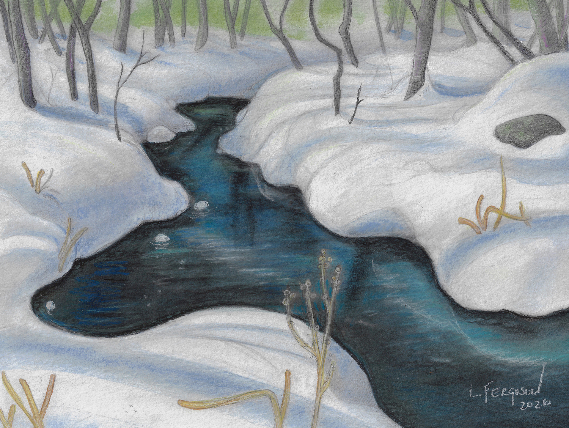 WINTER CREEK  8.5x11 ( 11x14 framed) mixed media by Lisa Ferguson 