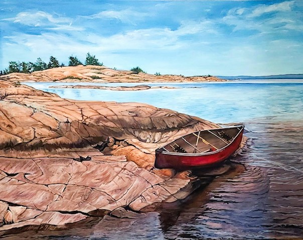 EXPLORING THE ISLANDS IN THE RED CANOE 30 x 40 acrylic by Kathleen Pistor