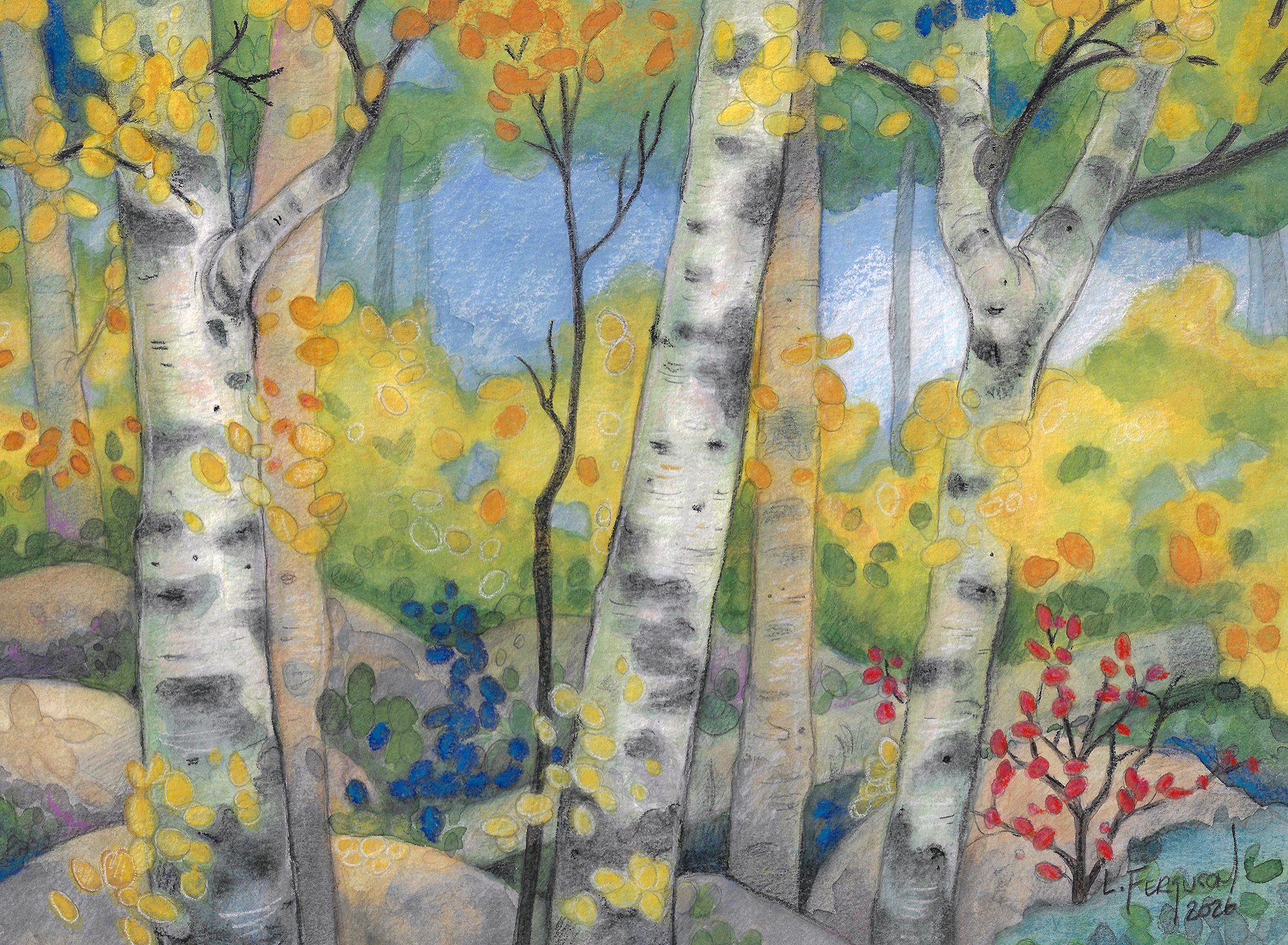 BIRCH TREE FOREST 8.5 x 11 (framed 11 x 14) mixed media by Lisa Ferguson