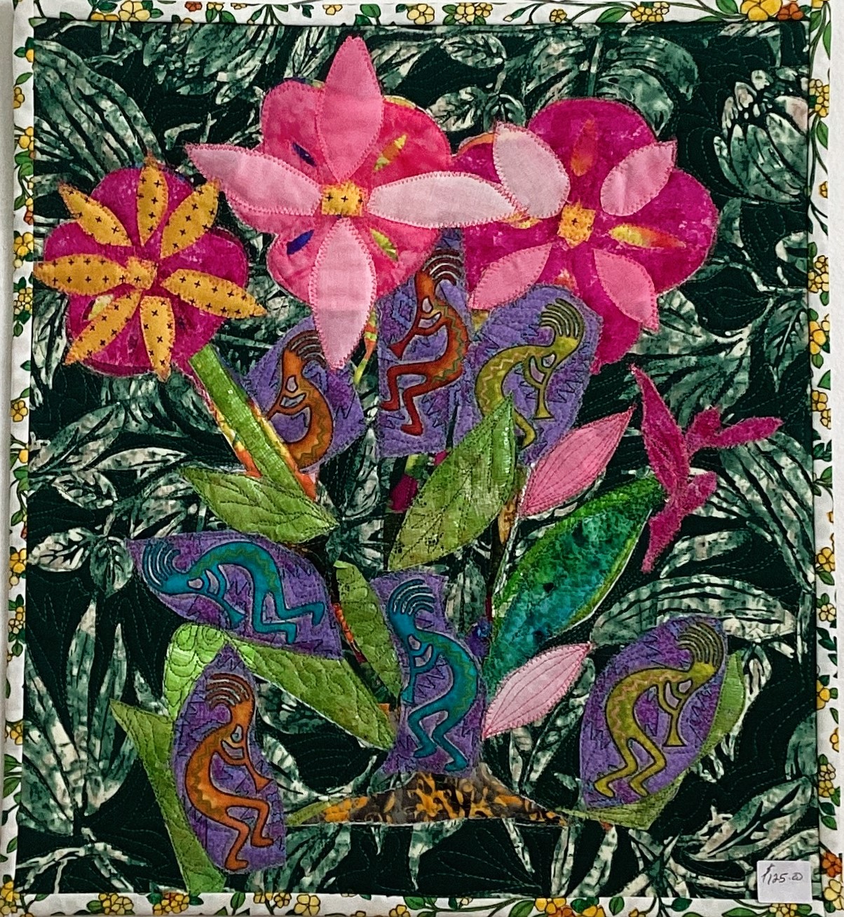 KOKOPELLI PIPING IN THE SPRING 18 x 16 Raw edge applique 