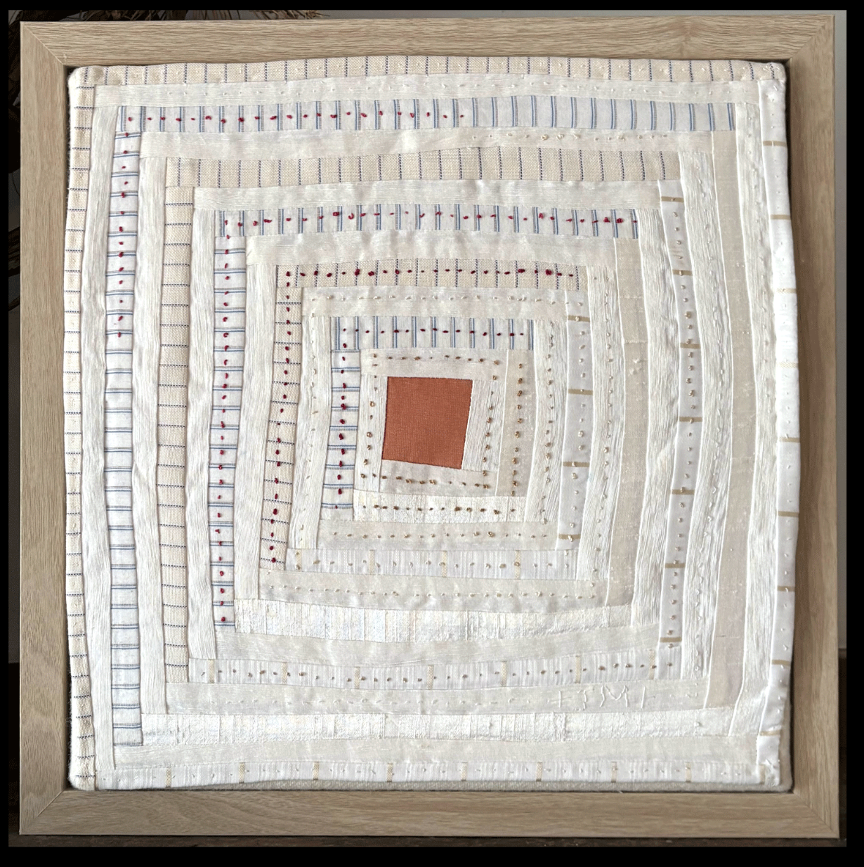 LEAN INTO THE SILENCE 2 x 12 stitched silk & shirting framed 14 x 14 by Judy Martin