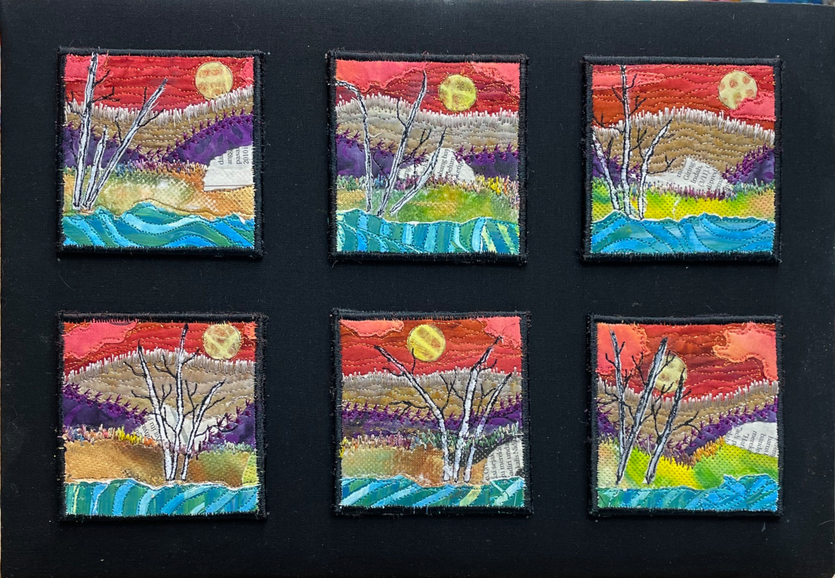 SIX TINY BIRCH 10 .5  x 15 fibre mixed media  