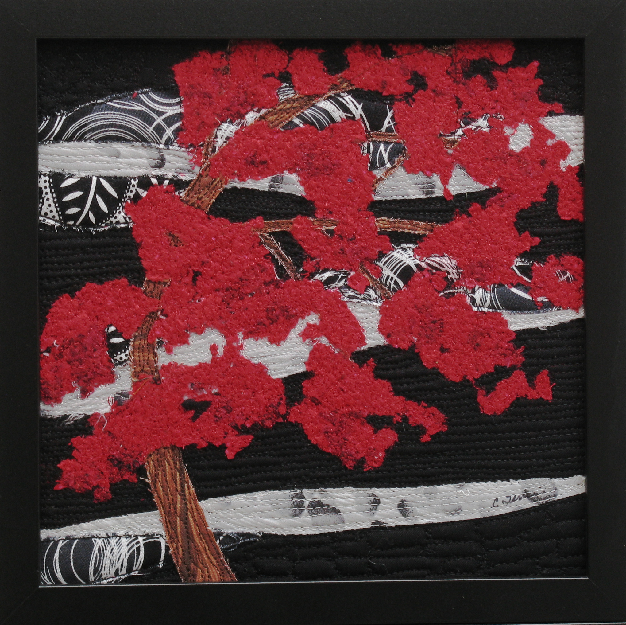 RED TREE IN STONEY FIELD 9 x 9 fibre mixed media 