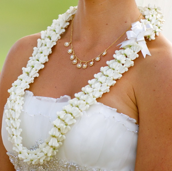 Triple strand white crown flower lei site of halatropicalflowers!