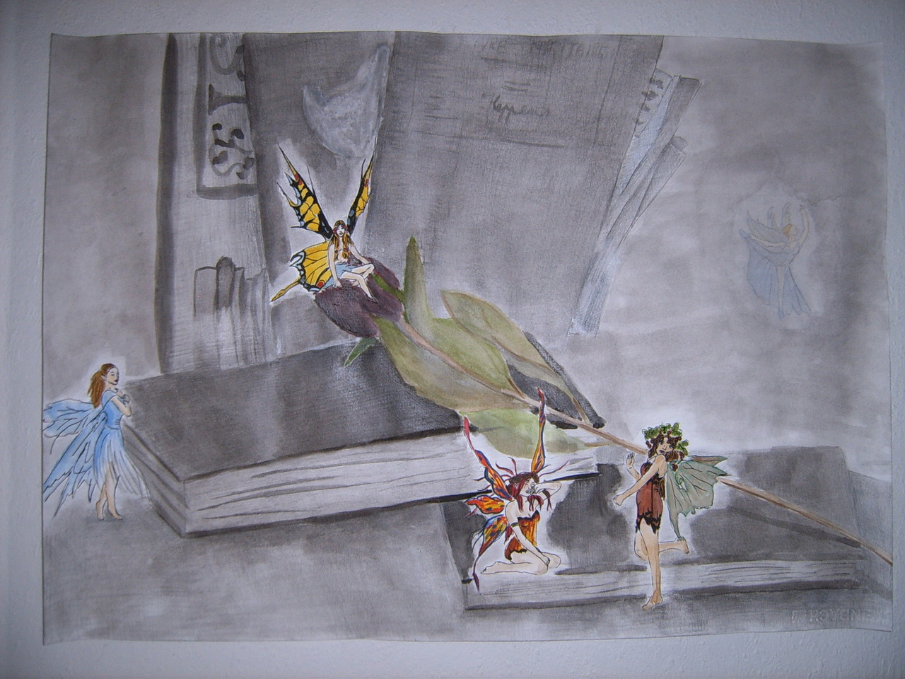 Elfjes in de bib (aquarel, houtskool, tekenpotloden, oost indische inkt op wit papier)