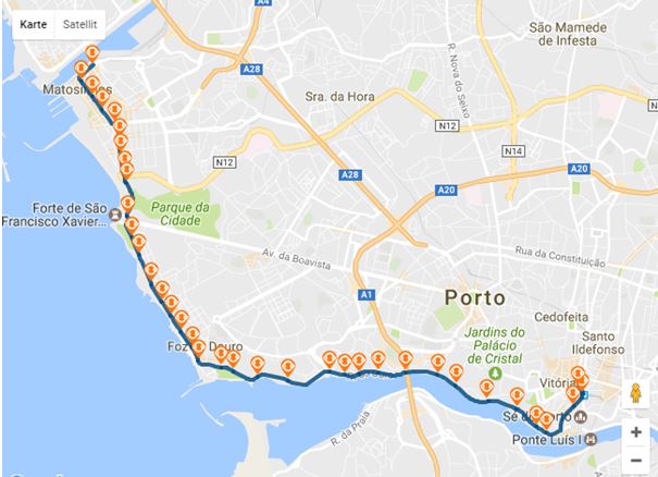 Haltestellen der Buslinie 500 zwischen Leixões und Porto