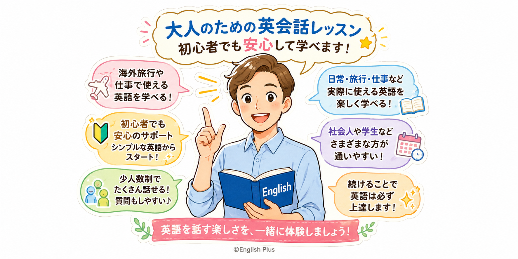 大人向け英会話レッスンの紹介｜英語初心者でも安心して学べる英会話スクールEnglish Plus（日本語編）