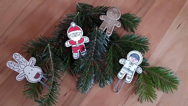 Das dritte Projekt (Kinder-Projekt): Nikolaus, Rentier, Lebkuchenmann und Eskimo tummeln sich auf extragroßen Büroklammern!