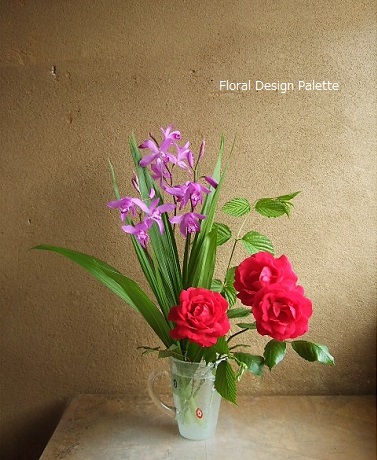 紫蘭, バラ, 山吹の葉 横40cm×高さ44.5cm