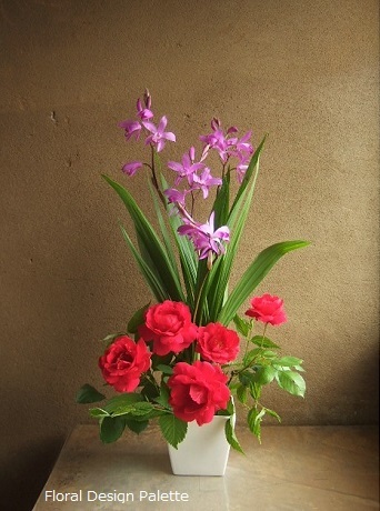 紫蘭, バラ, 山吹の葉 横32cm×高さ59cm